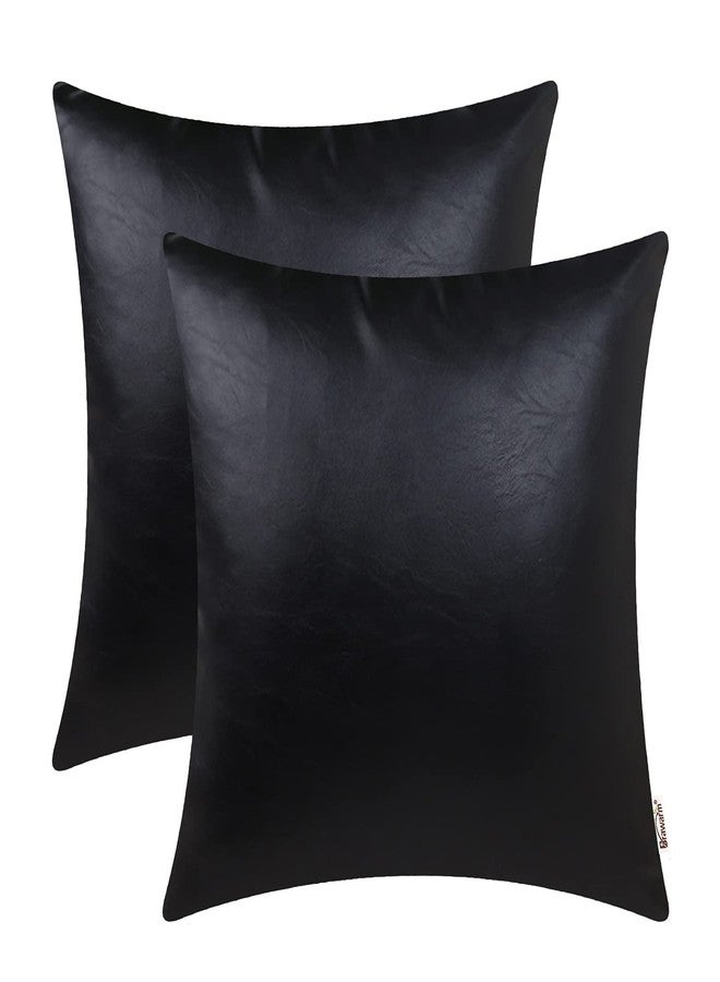 BRAWARM Faux Leather Throw Pillow Covers 18 X 18 Inches - Black Leather Pilow Covers Pack of 2, Solid Dyed Leather Pillowcases for Couch Bed Sofa Garden Home Decorative - Image 1